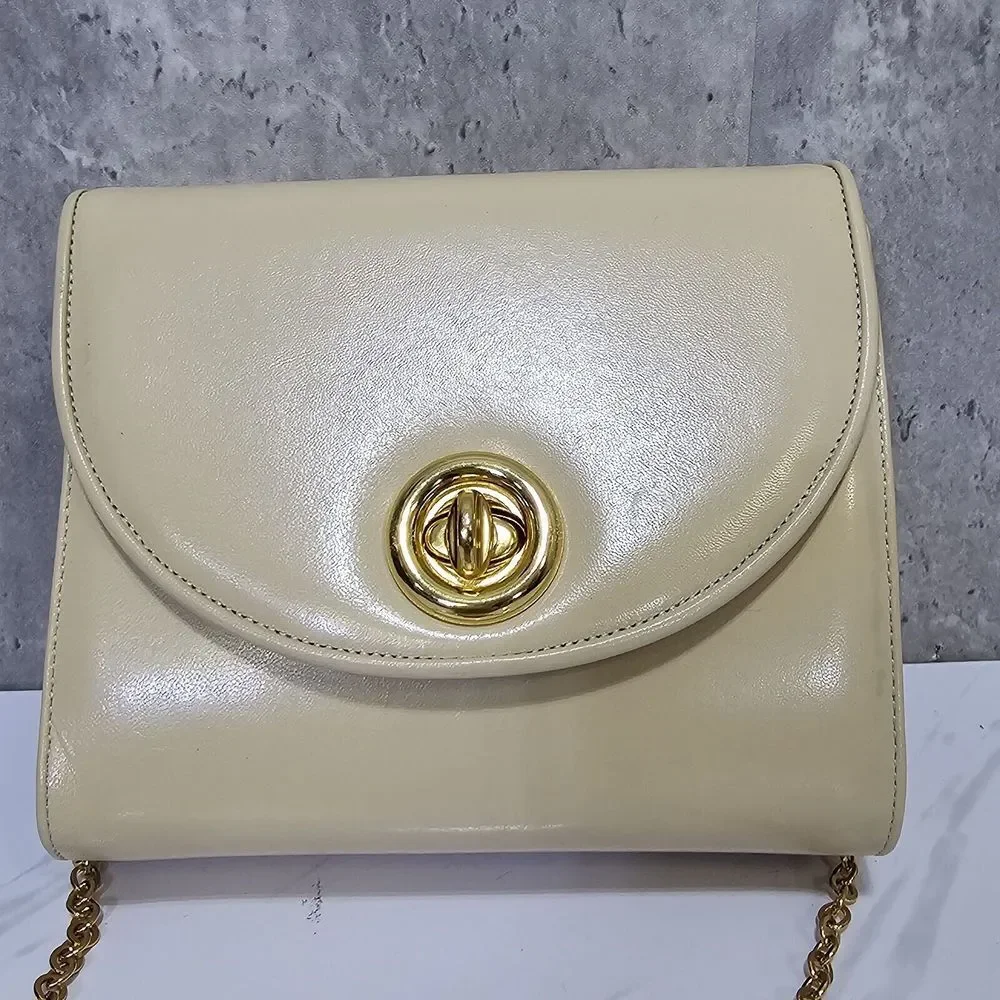 Vintage 60s Theodore Taupe Cream Mini‎ Leather Crossbody Bag with Gold Hardware
